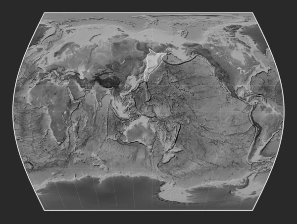 Okhotská Tektonická Deska Výškové Mapě Stupních Šedi Projekci Timesů Uprostřed — Stock fotografie