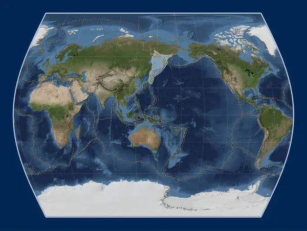 タイムズ紙のブルーマーブル衛星マップにあるオホーツクのテクトニックプレートは 単独で中心を置いていた その他のプレートの境界線 — ストック写真