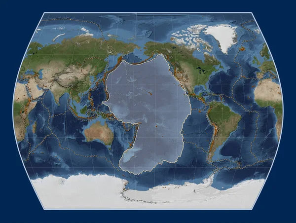 タイムズ プロジェクションのブルー マーブル衛星マップにある太平洋のテクトニックプレートは 単独で中心となった 既知の火山の分布について — ストック写真