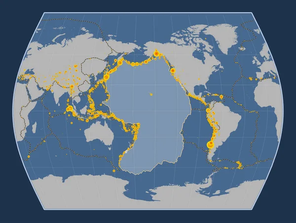 Pacific tectonic plate on the solid contour map in the Times projection centered meridionally. Locations of earthquakes above 6.5 magnitude recorded since the early 17th century