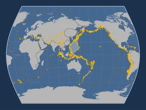 菲律宾海板块在实心等高线地图上的投影子午线中心 17世纪初以来记录的6 5级以上地震位置 — 图库照片