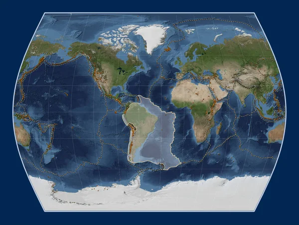 タイムズ プロジェクションのブルー マーブル衛星マップにある南アメリカのテクトニック プレートは 単独で中心となった 既知の火山の分布について — ストック写真