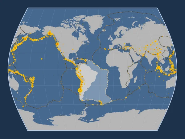 南美地区板块在立体等高线地图上的投影偏心是经向的 17世纪初以来记录的6 5级以上地震位置 — 图库照片