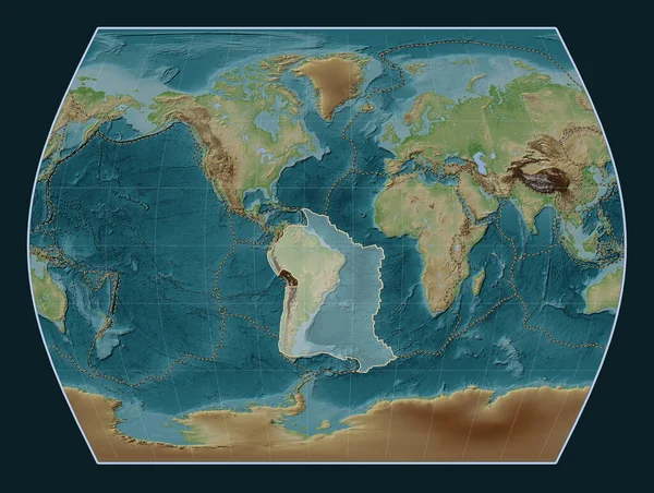 Południowoamerykańska Płyta Tektoniczna Mapie Elewacji Stylu Wiki Projekcji Times Wyśrodkowana — Zdjęcie stockowe