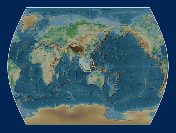 Times Projeksiyonundaki Fiziksel Yükseklik Haritasında Sunda Tektonik Plakası Meridyensel Olarak — Stok fotoğraf