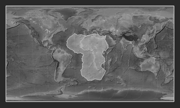 African tectonic plate on the grayscale elevation map in the Patterson Cylindrical Oblique projection centered meridionally and latitudinally.
