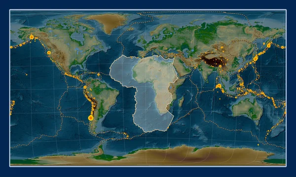 African tectonic plate on the physical elevation map in the Patterson Cylindrical Oblique projection centered meridionally and latitudinally. Locations of earthquakes above 6.5 magnitude recorded since the early 17th century