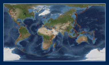 Mavi Mermer uydu haritasındaki Arap tektonik plakası Patterson Silindirik Oblique projeksiyonunda meridyen ve enlektüel olarak ortalanmıştır. Bilinen volkanların dağılımı