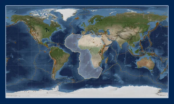 パターソン シリンドリカル プロジェクションの青い大理石の衛星地図上のアフリカのテクトニックプレートは 単独で中心を置いています 既知の火山の分布について — ストック写真