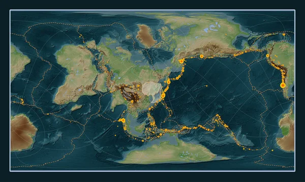 パターソン シリンドリカル オブリク投影のウィキスタイル エレベーターマップ上のアムール テクトニックプレートは 単独および縦方向を中心とした 17世紀初頭から記録された6 5以上の地震の場所 — ストック写真