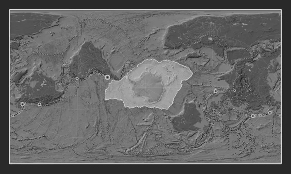 Antarctica tectonic plate on the bilevel elevation map in the Patterson Cylindrical Oblique projection centered meridionally and latitudinally. Locations of earthquakes above 6.5 magnitude recorded since the early 17th century