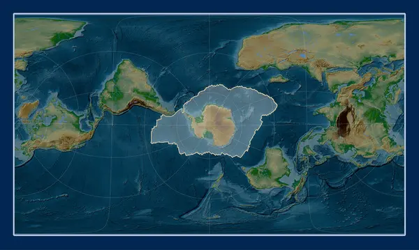 パターソン円筒形オブライク投影図の物理標高地図上の南極大陸のテクトニックプレートは 単方向および横方向に中心に — ストック写真