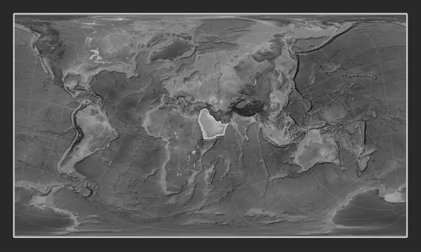 Arabian tectonic plate on the grayscale elevation map in the Patterson Cylindrical Oblique projection centered meridionally and latitudinally.