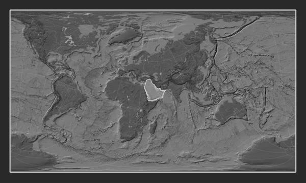 Arabian tectonic plate on the bilevel elevation map in the Patterson Cylindrical Oblique projection centered meridionally and latitudinally.
