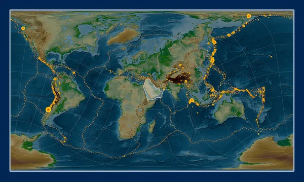Arabian tectonic plate on the physical elevation map in the Patterson Cylindrical Oblique projection centered meridionally and latitudinally. Locations of earthquakes above 6.5 magnitude recorded since the early 17th century