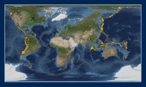 Arabian tectonic plate on the Blue Marble satellite map in the Patterson Cylindrical Oblique projection centered meridionally and latitudinally. Locations of earthquakes above 6.5 magnitude recorded since the early 17th century