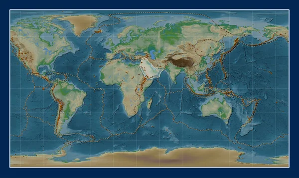 Arabian tectonic plate on the physical elevation map in the Patterson Cylindrical projection centered meridionally. Distribution of known volcanoes