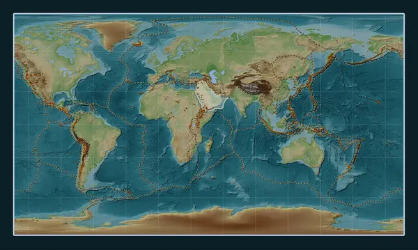 Arabian tectonic plate on the Wiki style elevation map in the Patterson Cylindrical projection centered meridionally. Distribution of known volcanoes