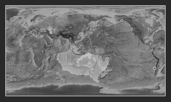 Αυστραλιανή Τεκτονική Πλάκα Στον Υψομετρικό Χάρτη Του Γκρι Στην Κυλινδρική — Φωτογραφία Αρχείου