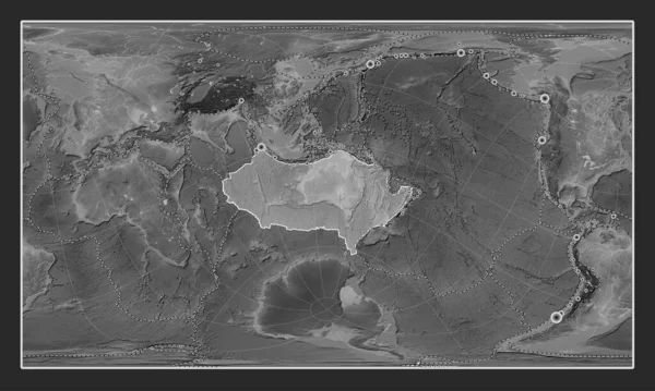 Australian tectonic plate on the grayscale elevation map in the Patterson Cylindrical Oblique projection centered meridionally and latitudinally. Locations of earthquakes above 6.5 magnitude recorded since the early 17th century
