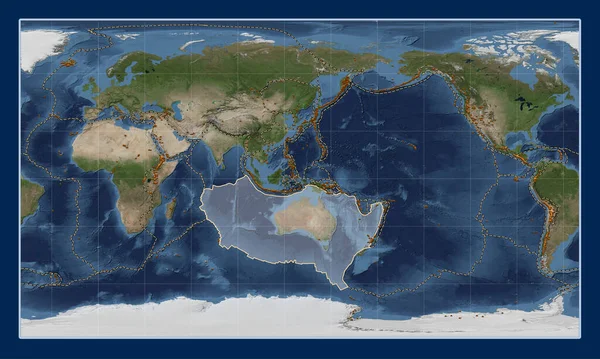 パターソン シリンドリカル プロジェクションのブルー マーブル衛星地図上のオーストラリアのテクトニックプレートは 単独で中心となった 既知の火山の分布について — ストック写真