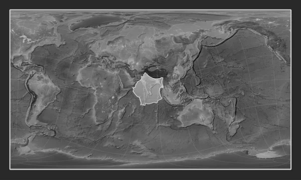 Indian tectonic plate on the grayscale elevation map in the Patterson Cylindrical Oblique projection centered meridionally and latitudinally.