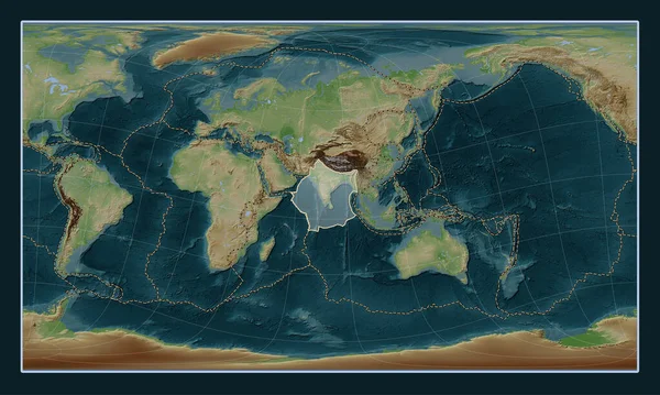 Indian tectonic plate on the Wiki style elevation map in the Patterson Cylindrical Oblique projection centered meridionally and latitudinally. Boundaries of other plates