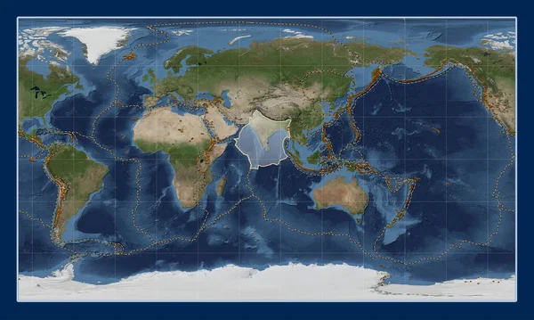 パターソン シリンドリカル プロジェクションのブルー マーブル衛星地図上のインドのテクトニックプレートは 単純に中心となった 既知の火山の分布について — ストック写真