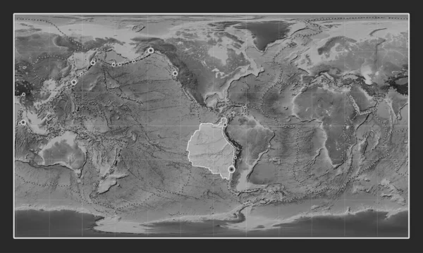 stock image Nazca tectonic plate on the grayscale elevation map in the Patterson Cylindrical projection centered meridionally. Locations of earthquakes above 6.5 magnitude recorded since the early 17th century