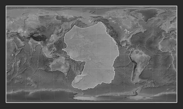 Pacific tectonic plate on the grayscale elevation map in the Patterson Cylindrical Oblique projection centered meridionally and latitudinally. Boundaries of other plates