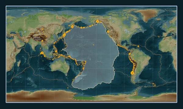 Pacific tectonic plate on the Wiki style elevation map in the Patterson Cylindrical Oblique projection centered meridionally and latitudinally. Locations of earthquakes above 6.5 magnitude recorded since the early 17th century