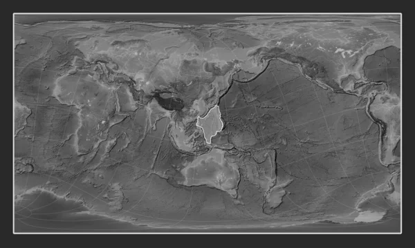 Philippine Sea tectonic plate on the grayscale elevation map in the Patterson Cylindrical Oblique projection centered meridionally and latitudinally.