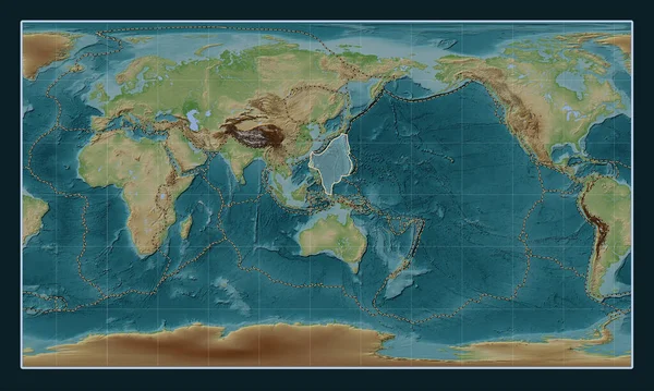 パターソンシリンダー投影のウィキスタイルの標高マップ上のフィリピン海のテクトニックプレートは 単に中心にしました その他のプレートの境界線 — ストック写真