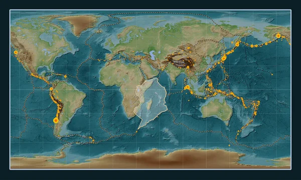パターソンシリンダー投影のウィキスタイルの標高マップ上のソマリアのテクトニックプレートは 単に中心にしました 17世紀初頭から記録された6 5以上の地震の場所 — ストック写真