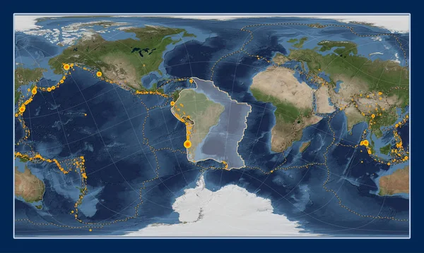 South American tectonic plate on the Blue Marble satellite map in the Patterson Cylindrical Oblique projection centered meridionally and latitudinally. Locations of earthquakes above 6.5 magnitude recorded since the early 17th century