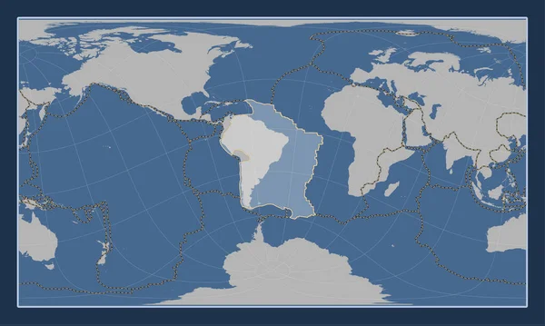 南アメリカのテクトニックプレートは パターソン円筒形オブライク投影図の固体輪郭図に沿って 円形および縦方向に中心に置かれた その他のプレートの境界線 — ストック写真