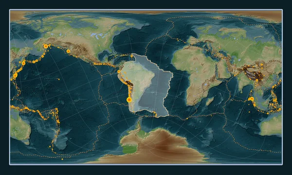 South American tectonic plate on the Wiki style elevation map in the Patterson Cylindrical Oblique projection centered meridionally and latitudinally. Locations of earthquakes above 6.5 magnitude recorded since the early 17th century