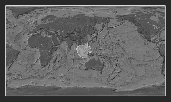 Sunda tectonic plate on the bilevel elevation map in the Patterson Cylindrical Oblique projection centered meridionally and latitudinally. Boundaries of other plates