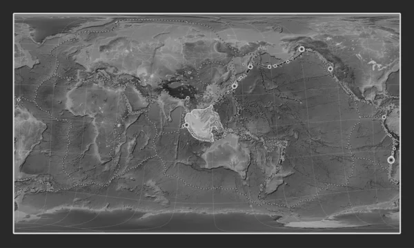 Sunda tectonic plate on the grayscale elevation map in the Patterson Cylindrical Oblique projection centered meridionally and latitudinally. Locations of earthquakes above 6.5 magnitude recorded since the early 17th century