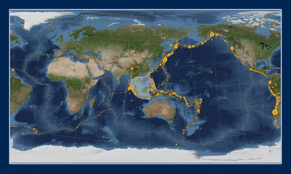 Sunda tectonic plate on the Blue Marble satellite map in the Patterson Cylindrical Oblique projection centered meridionally and latitudinally. Locations of earthquakes above 6.5 magnitude recorded since the early 17th century