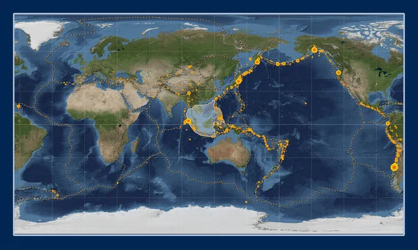 パターソン シリンドリカル プロジェクションのブルー マーブル衛星マップにあるスンダ テクトニックプレートは 単純に中心となった 17世紀初頭から記録された6 5以上の地震の場所 — ストック写真