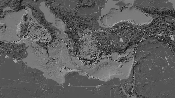 Tectonic plate boundaries adjacent to the Aegean Sea tectonic plate on the bilevel elevation map in the Patterson Cylindrical (oblique) projection