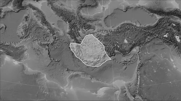 Aegean Sea tectonic plate and the boundaries of adjacent plates on the grayscale elevation map in the Patterson Cylindrical (oblique) projection