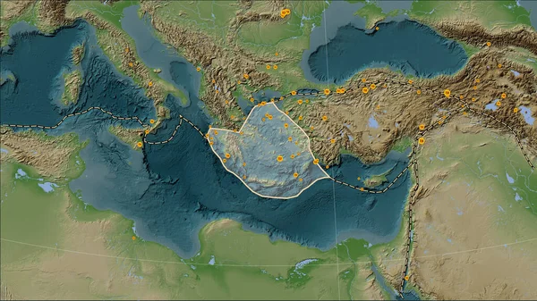 Locations of earthquakes in the vicinity of the Aegean Sea tectonic plate greater than magnitude 6.5 recorded since the early 17th century on the Wiki style elevation map in the Patterson Cylindrical (oblique) projection