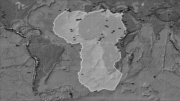 Verspreiding Van Bekende Vulkanen Rond Afrikaanse Tektonische Plaat Hoogteplattegrond Twee — Stockfoto