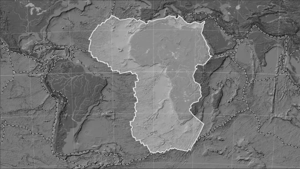 African tectonic plate and the boundaries of adjacent plates on the bilevel elevation map in the Patterson Cylindrical (oblique) projection