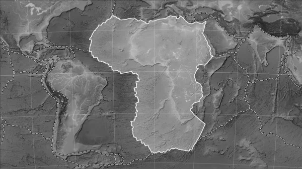 Afrykańska Płyta Tektoniczna Granice Sąsiadujących Płyt Mapie Elewacji Skali Szarości — Zdjęcie stockowe