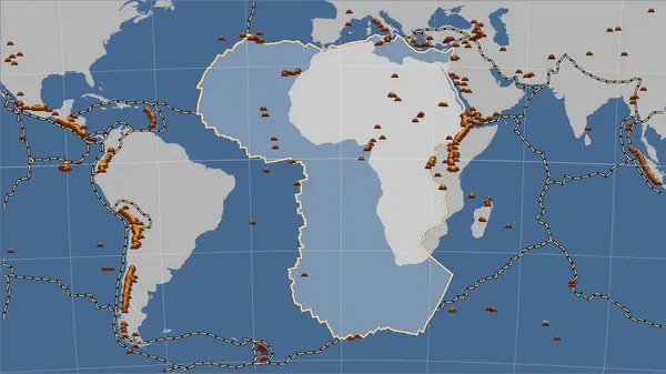Rozmieszczenie Znanych Wulkanów Wokół Afrykańskiej Płyty Tektonicznej Litej Mapie Konturu — Zdjęcie stockowe