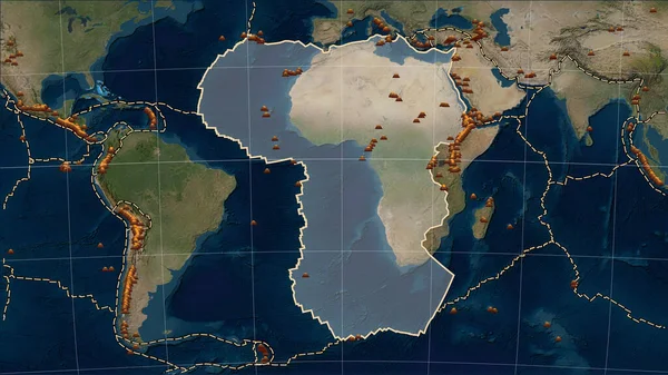 Distribution of known volcanoes around the African tectonic plate on the Blue Marble satellite map in the Patterson Cylindrical (oblique) projection