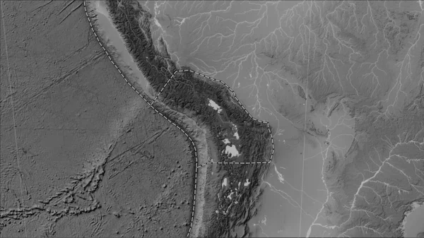 Tectonic plate boundaries adjacent to the Altiplano tectonic plate on the grayscale elevation map in the Patterson Cylindrical (oblique) projection